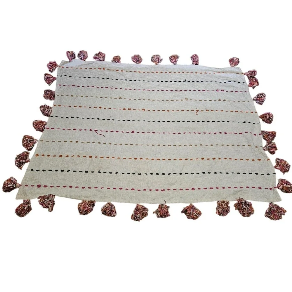 Boho Textured Woven Throw Blanket with Colorful Embroidery and Large Tassels